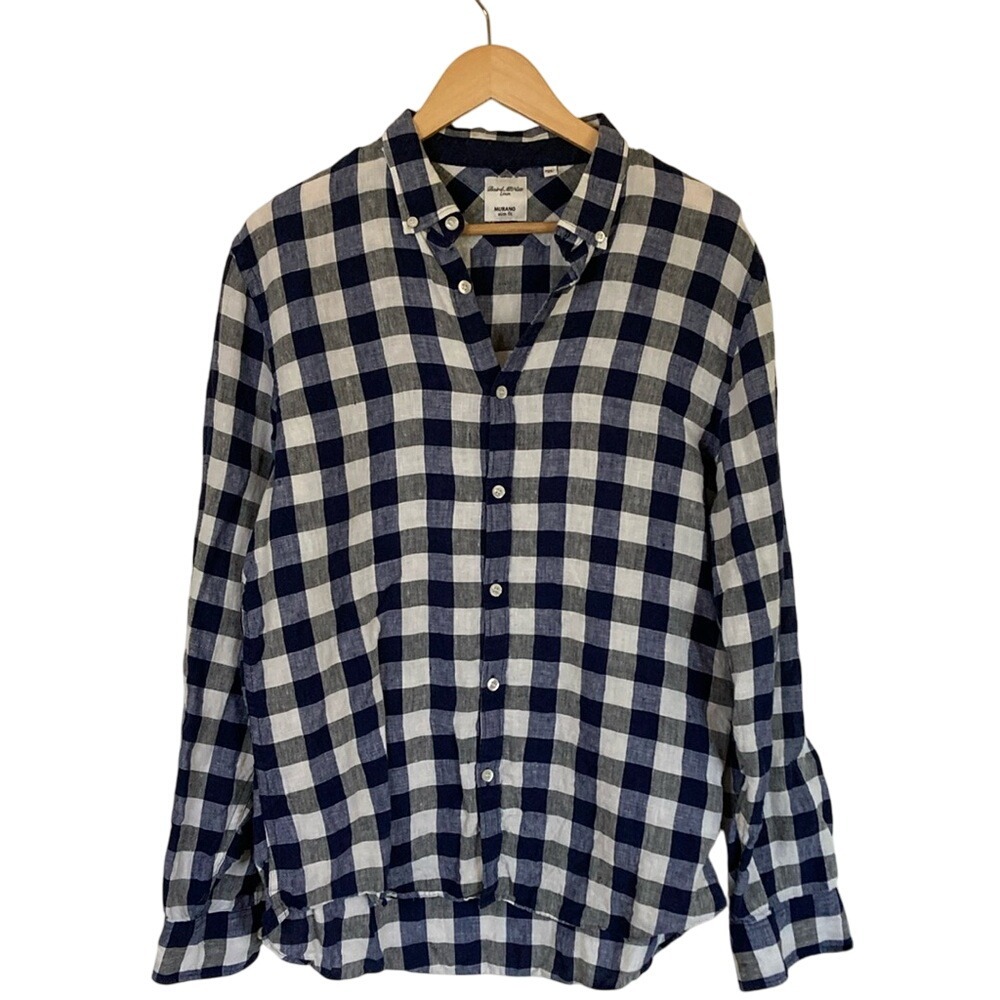 Baird McNutt Men's Murano Linen Slim Blue White Check Button Up Shirt Size XL